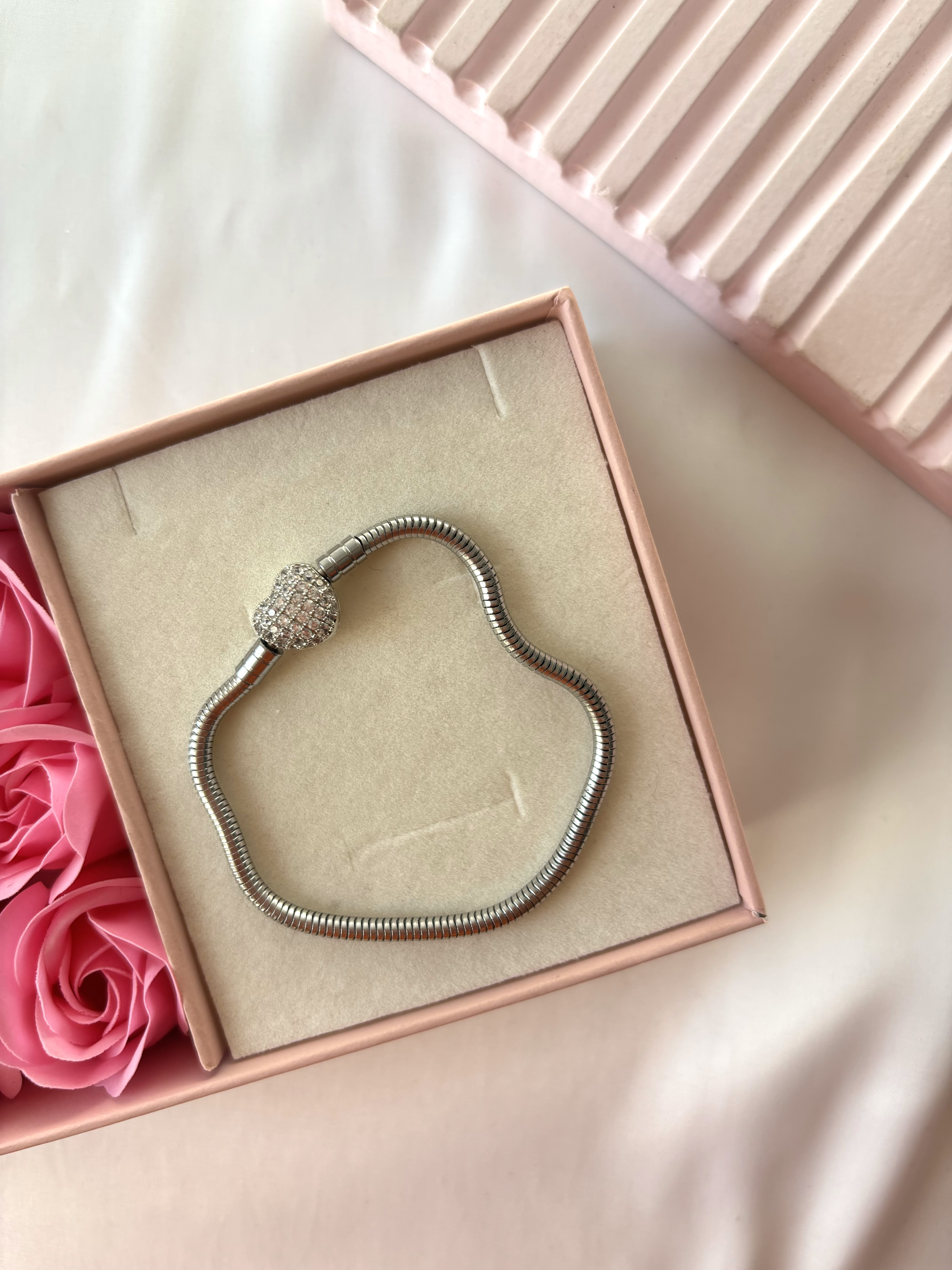 دستبند پاندورا استیل قفل قلب نگینی